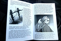 Inside of a book with text and two large pictures. One picture is a wood and barbed wire fence, the other is a stern, heavier woman.