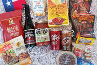 Terlingua Chili mix, pecan pie, Sangria soda, Clint's mild salsa, mexican seasonings, pecan pie, fritos and queso.