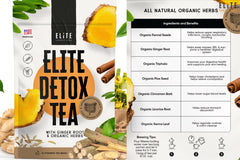 Elite detox tea organic natural herbal ingredients: Senna Leaf, Fennel Seeds, Licorice Root, Ginger Root, Triphala, Flax Seed, Cinnamon Bark