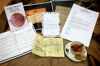 Theatre programme, coded government documents a vintage map of the area, notes from family members and a birth certificate