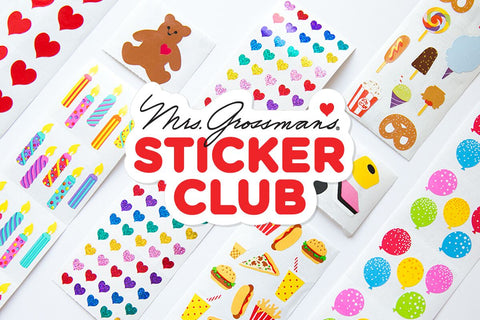 Colorful assortment of stickers and sheets from Mrs. Grossman's Sticker Club subscription for family and kids