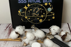 Items inside the 555 ritual box talisman, incense, candle, herbs, spray, instructions, spiritual bath