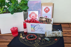 Chakra Box Subscription, Root Chakra Box, Aromatherapy, Crystals, Crystal Grid, Tea, Vegan, Organic, Jewelry