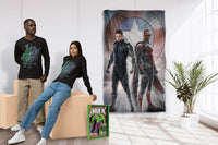 A couple wearing matching long sleeve Avengers Tees. here is a large wall hanging of Falcon and the Soldier and a 3D shadow box of the Hulk,