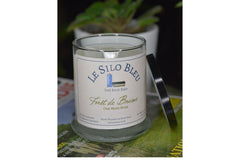 Misty Forest candle with black lid resting on the side of the candle. They are on a stack of French books with potted plants in background