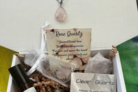Stone and Sage Gift Box Love Set
Contains 2 large crystals, Rose Quartz and Clear Quartz, a pendent, Love roller ball, small crystal w/ cage