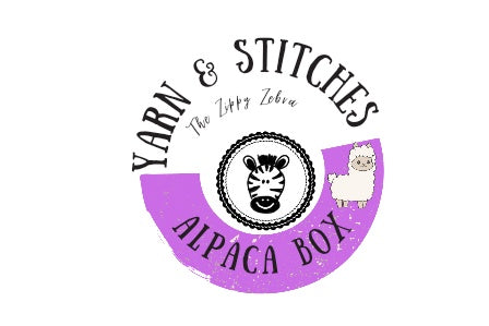 The circular Yarn and Stitches logo combined with the Zippy Zebra logo and the wording Alpaca Box at the bottom 