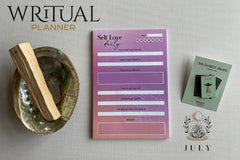 July Items: Abalone Shell + Palo Santo, The Chariot (remix) Enamel Pin, Self Love Daily Sticky Notepad