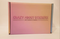 Rainbow Pastel Box with Crazy About Stickers Logo on the front of the box. Each subscription will be sent to your house in this box.