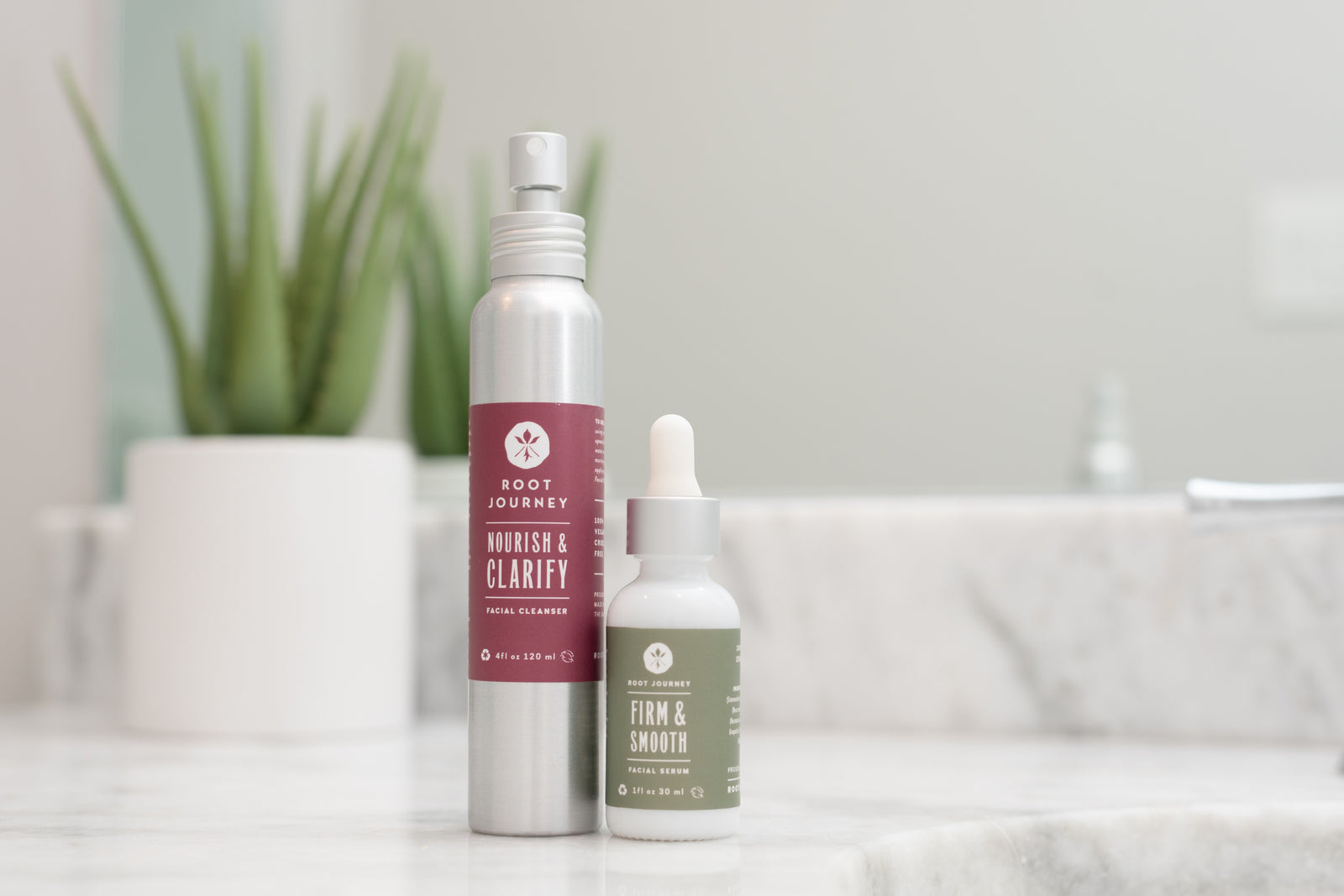 Root Journey Nourish and Clarify Facial Cleaner and Firm and Smooth Facial Serum. Vegan and Cruelty Free Leaping Bunny Certified. 