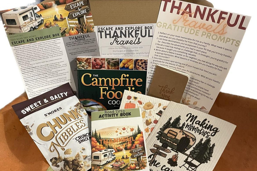 Thankful Travel themed box, Gratitude prompts, the campfire foodie cookbook, two Swedish dish clothes, chink nibble snack mix, activity book