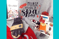 Jan, 2023 Nurse Spa Day box with grey sweatshirt that says Nurse Needs a Spa Day, charcoal gloves, syringe bath bomb, personalized blanket