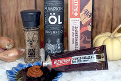 Culinarie LUXE ingredients, including: smoked desert sea salt, cold pressed pumpkin seed oil, and smoked harissa chili paste.