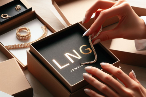 LadiesNGentz Jewelry Box A Lady Unboxing A White Gold Bracelet While Other Boxes Already Unboxed Sit Out Around The LNG Branded Box  
