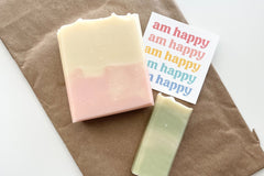 Am Happy Soap subscription box. Handmade soaps that smell happy and made with real ingredients. Choose one two or three bars a month!