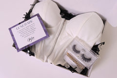 Glam Luxe Box filled with diamond hair clips, full wispy lashes, and a sweetheart neckline front zipper corset top.