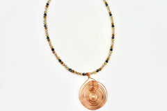 Copper Sun Spiral Wire Wrapped Pendant Gold, Copper, Brown and Black Beaded Necklace by Lauren Jay Designs