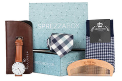 A SprezzaBox monthly subscription box featuring a watch, tie, socks, and a wooden comb for men's accessories