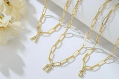 Handcrafted 14k Vermeil 18 inch Gold Paper clip Necklace with diamond encrusted initial pendant Exclusive to our LNG Monthly Jewelry Box 