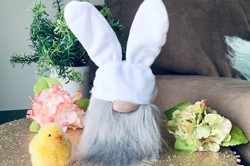 Easter bunny gnome from March 2023 box. This box comes with a gnome that has a gray beard and a white hat and ears. 