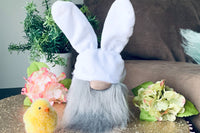 Easter bunny gnome from March 2023 box. This box comes with a gnome that has a gray beard and a white hat and ears. 