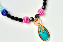 Rave Bright Blue Rhinestone Copper Wire Wrapped Pendant Rainbow and Black Beaded Necklace by Lauren Jay Designs