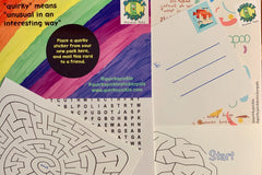 Pic shows our standard custom Quirky Pickle postcard, word search, maze activities, and custom crossword.