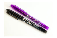 Erasable Gel Pens with built-in eraser on the end. Colors include black, purple, dark blue, light blue, orange, red, green, and pink.