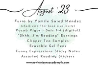 August 2023 Contents Card for Literary Loot | Furia, Vocab Vigor, earrings, teas, erasable pens, sticky notes, and reading stickers