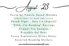 August 2023 Contents Card for Literary Loot | Furia, Vocab Vigor, earrings, teas, erasable pens, sticky notes, and reading stickers