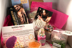 Bubbles & Books subscription box featuring a romantic novel, handmade soap, and bath products for relaxation