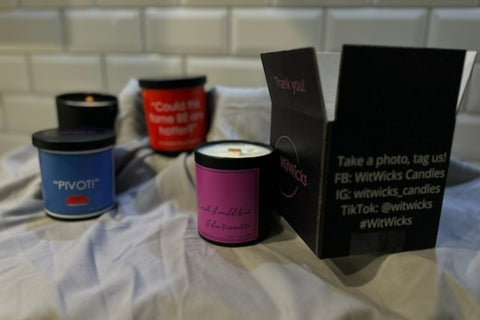 An example of our scented candles that come in our Friends subscription box featuring "Friends" quotes. Fragrances and quotes will vary.