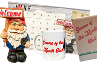 Gnome of the Month Club subscription box displayed on a front porch surrounded by neatly trimmed bushes
