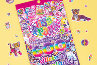 A Lisa Frank sticker book with 600 stickers. Item has rainbow tiger and peace sign stickers around the  novelty 90s stickers book. 