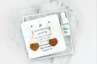 Cream Resin and Wooden Drop Earrings in White Gift Box with Aromatherapy Instruction Card and Happy Place Mini Oil Dropper