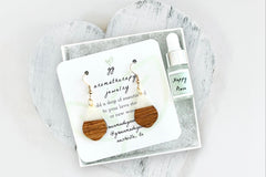 Cream Resin and Wooden Drop Earrings in White Gift Box with Aromatherapy Instruction Card and Happy Place Mini Oil Dropper