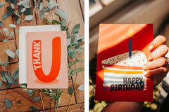 thank you greeting card and happy birthday greeting card examples. cards included in subscription may vary 