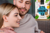 A young couple with teacups enjoys drinking Elite natural organic herbal tea for immune function support