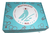 Nightingales Mail branded box with blue bird in the center wearing a nurse hat and red nurse icons around the box like a stethoscope