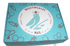 Nightingales Mail branded box with blue bird in the center wearing a nurse hat and red nurse icons around the box like a stethoscope