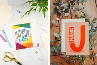 an example of two greeting cards you might receive a multi colored thinking of you greeting card and.a thank you greeting card