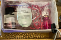This kit comes with a Himalayan pink salt massage bar, Sensuality essential oils from France and an Egyptian essential oil bottle.