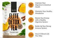 Elite detox tea's benefits: 7 organic herbals blended to help boost your digestive system, as a natural colon cleanser. Take 1 cup as needed