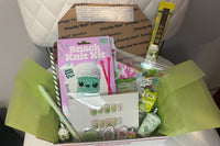 Matcha made in Heaven box. Match snack and drink, matcha lip balm, frog set, frog eraser, green pens, frog and bubble tea pin and stickers