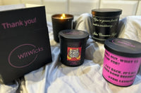 An example of our scented candles that come in our Album of the month subscription box. QR Code Included. Fragrances and quotes will vary.