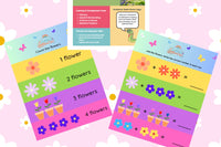 Colorful activity sheets from The Storytime Box featuring counting and addition exercises for children in a subscription box