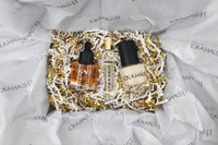 LOKA.HAUS: 'Duality Oil' in amber, center 'Intensity Parfum Roller' & right, 'Radiant Serum'. Elegance & quality shine in every drop.