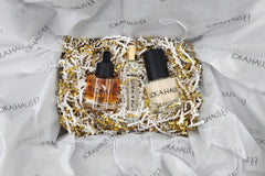 LOKA.HAUS: 'Duality Oil' in amber, center 'Intensity Parfum Roller' & right, 'Radiant Serum'. Elegance & quality shine in every drop.