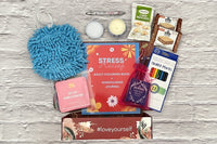 The Stress Relief Adult Coloring Book Box will include a book, an adult coloring book, colored pencils, as well as 2 - 3 self-care products.