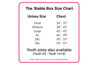 The Stable Box Size Chart - Unisex Sizes Small to 3XL. Youth Sizes Also Available XS (4/5) - XL (14/16).